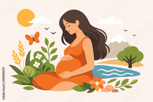 Minimalist flat vector illustration of a serene pregnant woman sitting in a beautiful nature landscape with mountains, lake, sun, and flowers, symbolizing maternity, health, and natural wellness.