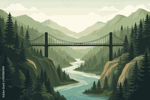 Scenic Flat Vector Illustration of a Suspension Bridge Spanning a Deep Gorge with a Winding River, Dense Pine Forest, and Majestic Mountains in a Minimalist Nature Landscape Background