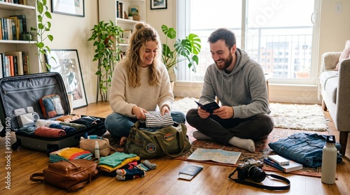 Couple sitting on floor packing travel bags, clothes, passport and accessories around, bright natural light, relaxed mood, candid moment, high realism, lifestyle photography