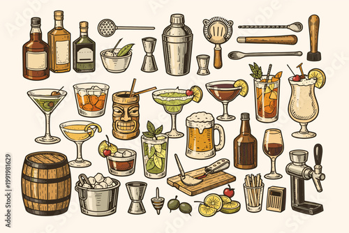 Vintage Hand Drawn Bar Collection with Classic Cocktails, Shakers, Glassware, Liquor Bottles, and Essential Barware Elements for Mixology, Pub, Tavern, and Restaurant Menu Design Illustration