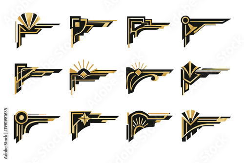 Set of 12 Art Deco Corner Icons in Gold and Black. Elegant Vintage Geometric Border Elements for Luxury Invitation Cards, Posters, and Graphic Design. 1920s Style Decorative Ornaments and Frames.