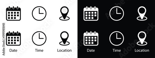 Event Information Icon Set Date, Time, and Location Symbols for Invitations and Web Design.