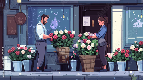 Illustration of a flower shop with two people arranging roses, in front of a window and door