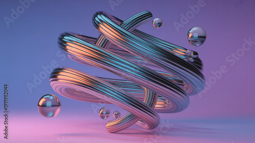 A futuristic metallic sculpture with floating spheres in a purple and pink gradient background