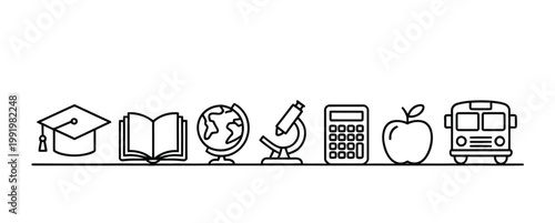 Education icons set including graduation cap and school bus
