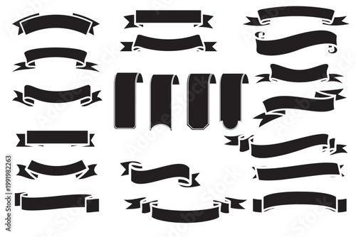 Vintage Ribbon Banner Set. Black Silhouette Vector Labels for Logo, Badge, Title and Decoration.