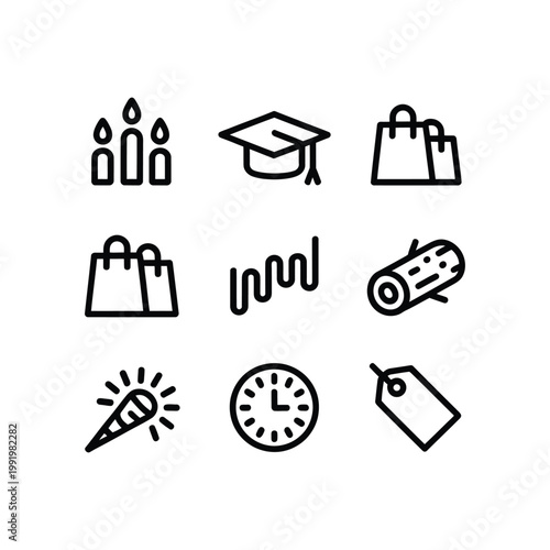 Shopping icon set with graduation cap and clock illustration
