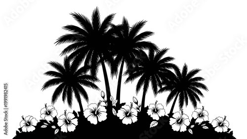 Tropical Paradise Silhouette: Palm Trees and Hibiscus Flowers