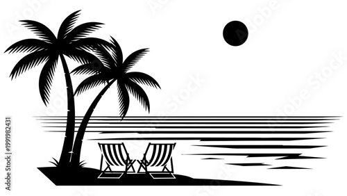 Tropical Beach Paradise: Palm Trees, Lounge Chairs, Ocean Sunset Silhouette