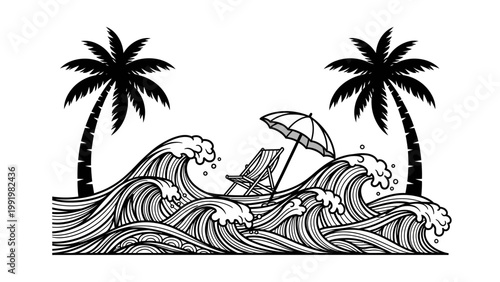 Tropical Beach Scene with Palm Trees, Waves, and Beach Chair Under Umbrella