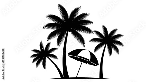 Tropical Beach Silhouette: Palm Trees and Umbrella