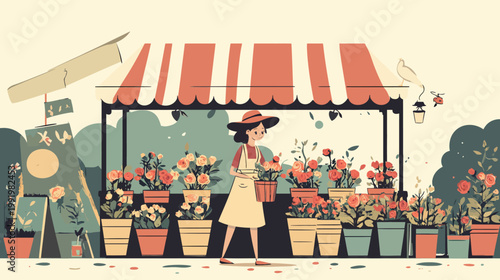 A flower shop scene depicts a woman holding a pot, surrounded by vibrant roses in terracotta pots