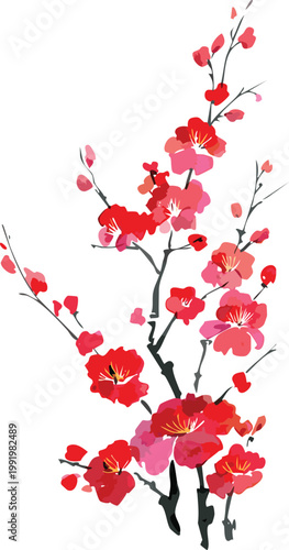 Japanese asian style watercolor painting of red blossom tree branch, brush strokes transparent vector digital illustration of botanical flowers floral drawing chinese ink wash gouache graphic flat png
