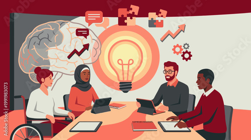 Stressed team brainstorming in a purple vector office during a hybrid work mental health session.