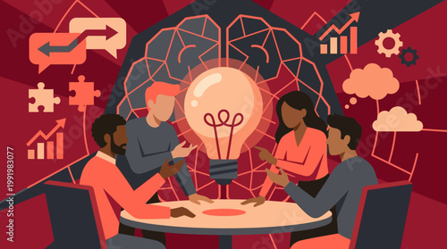 Stressed team brainstorming in a purple vector office during a hybrid work mental health session.