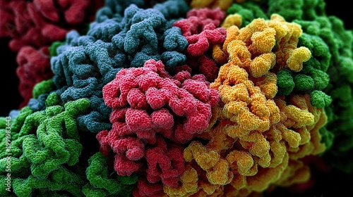 3D folded structure of protein, color-coded regions, scientific microscopic schematic