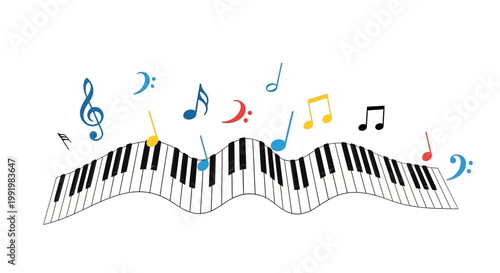 Piano keys arranged in a wavy, rhythmic pattern float alongside colorful musical notes to symbolize the creative flow of melody and harmony.