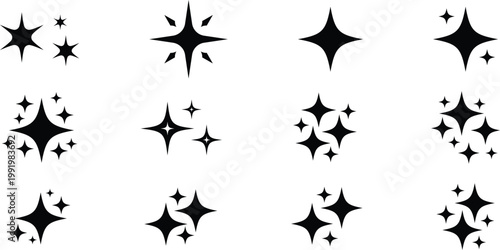 Black sparkle star glyph icon set with twinkle shapes for decorative design and shine symbol vector pack