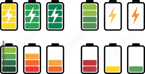 Battery icons illustrating charging states and energy levels with lightning symbols, full, medium, and low charge for technology 