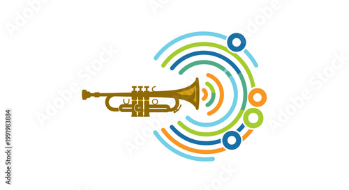 Trumpet instrument resonates with colorful sound waves spreading across a clean white background.