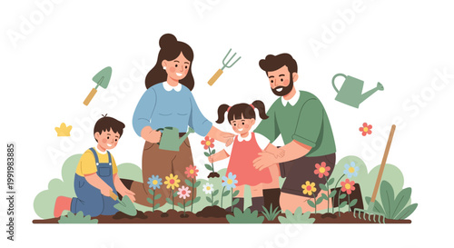 Family gardening together in a backyard demonstrates the joy of teaching children about nature and plant care.