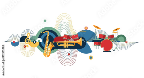 Jazz band instruments including a saxophone and drums are arranged in a dynamic composition to represent musical energy.