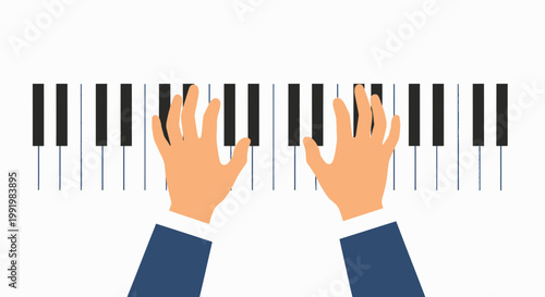 Pianist plays a musical melody on a grand piano keyboard while wearing a professional formal suit.