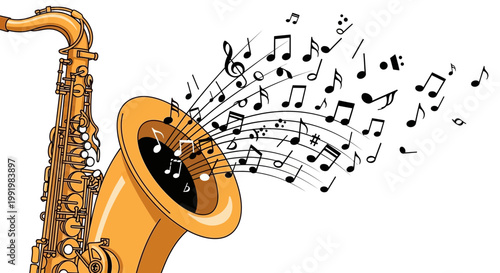 Saxophone plays a vibrant melody as musical notes float through the air from the golden instrument.