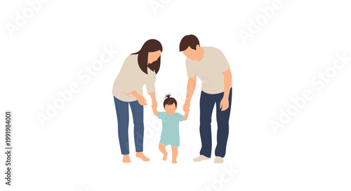 Parents hold the hands of their toddler as the young child takes their very first steps in a supportive and encouraging family setting.