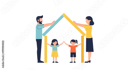 Family members form a symbolic roof shape with their hands to represent the concept of a secure and protected home environment.