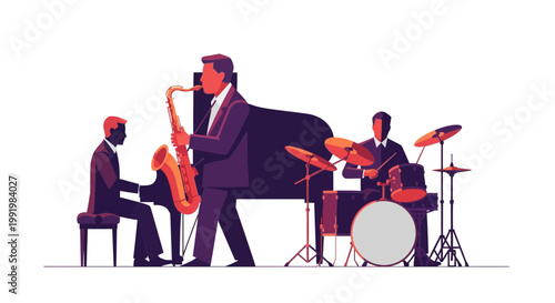 Jazz musicians perform a rhythmic melody together on stage with a piano, saxophone, and a drum set.