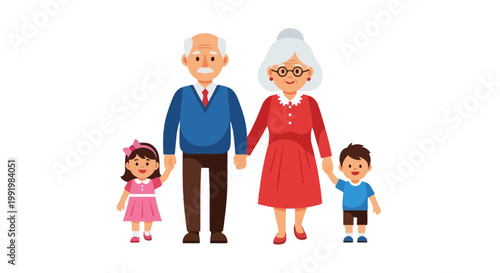 Grandparents hold hands with their young grandchildren while walking together in a studio setting.