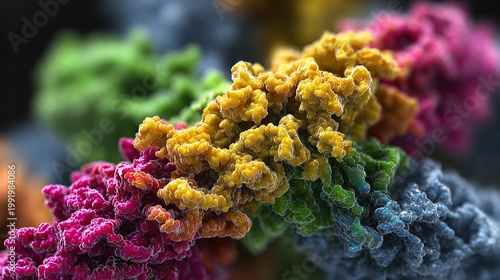 3D folded structure of protein, color-coded regions, scientific microscopic schematic