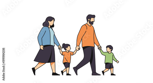 Family walking together as a united group of parents and children holding hands in a casual outdoor setting.
