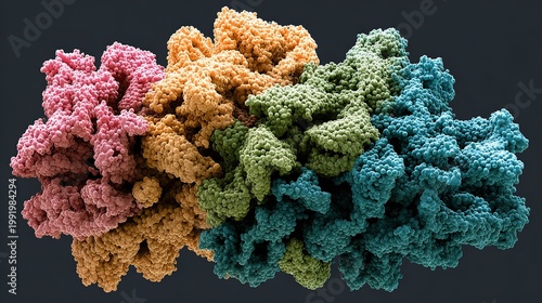 3D folded structure of protein, color-coded regions, scientific microscopic schematic