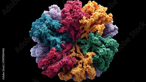 3D folded structure of protein, color-coded regions, scientific microscopic schematic