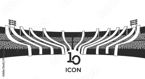 Black and white illustration of a sports stadium with floodlights.