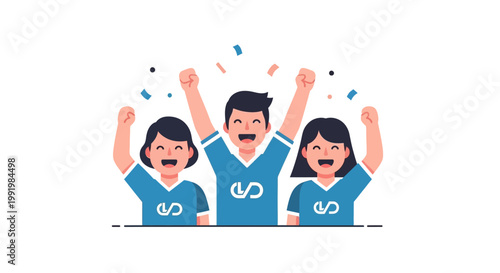 Three people celebrating with raised arms.