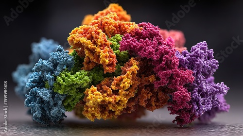 3D folded structure of protein, color-coded regions, scientific microscopic schematic