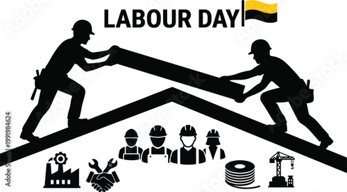 International workers day concept with builders on roof and industrial icons