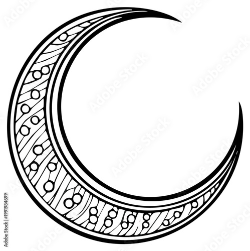 Ornate Crescent Moon with Decorative Pattern and Small Circles