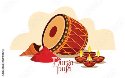 Durga puja with dhak drum, conch shell, red sindoor powder, and lit clay oil lamps diya