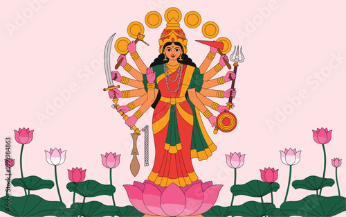 Hindu goddess Durga with ten arms, standing on a large pink lotus flower, a mythological deity