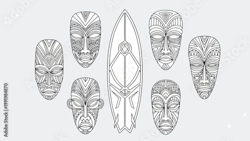 Ancient polynesian wooden masks and carved figure displayed together