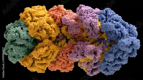 3D folded structure of protein, color-coded regions, scientific microscopic schematic