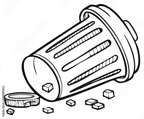 Overturned Trash Can Spilling Small Cubes Outside