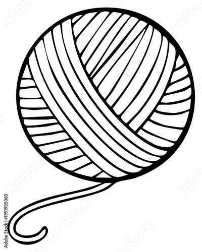 Ball of wool for needlework in black and white line art. Knitting, Crochet, or Crafting Accessory.