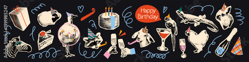 Animals birthday party halftone art collage elements set. Playful dotted stickers with funny doodles Disco ball, cake, clinking glasses. Humor pets holiday celebration Modern retro vector illustration