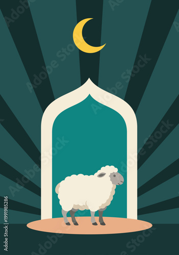 Eid al-Adha illustration with a sheep standing inside a mosque archway silhouette under a crescent moon.