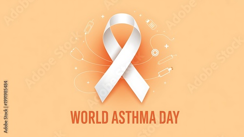 A symbolic representation of world asthma day featuring a white awareness ribbon and medical icons